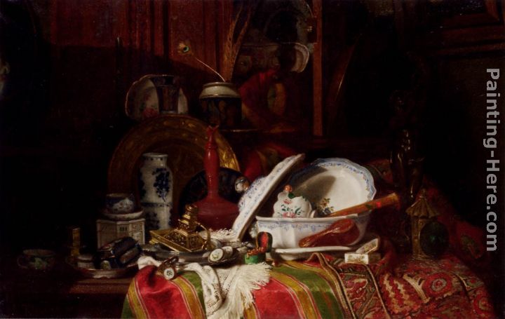 Still Life with Dishes, a Vase, a Candlestick and other Objects on a Draped Table painting - Gustave Jean Jacquet Still Life with Dishes, a Vase, a Candlestick and other Objects on a Draped Table art painting